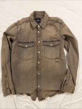 Zara Distressed Denim Button-Up - Faded Brown